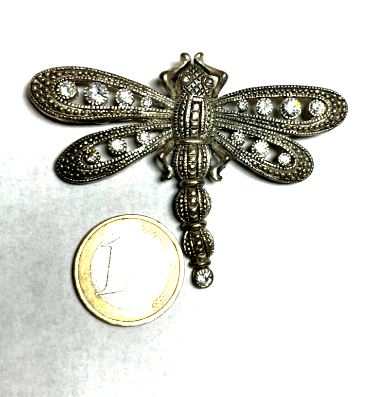 Vintage Modeschmuck Brosche große silberfarbige Libelle Dragonfly mit Strass7