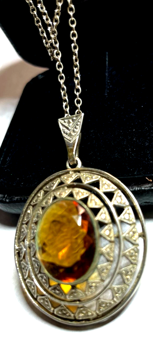 Antik 835 Silber Kette mit großer Anhänger Citrin cognac farbig 20er J gepflegt3