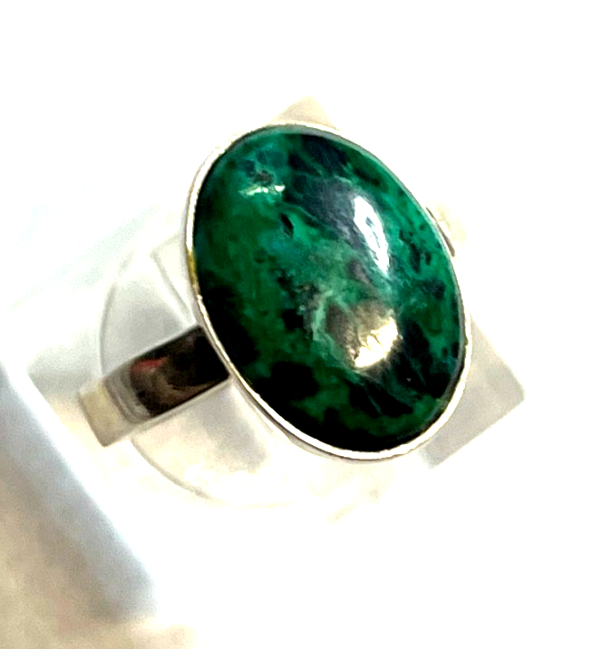Solider 925 Silber Ring Chrysokoll Cabochon Besatz Handarbeit Ø 17 mm RG 543