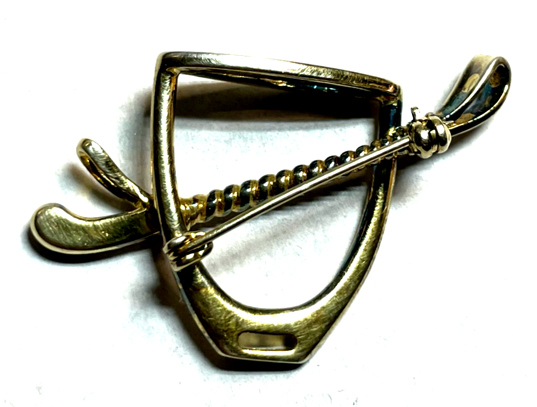 Vintage 925 Silber vergoldet Pferdefreund Brosche Steigbügel + Gerte gepflegt1