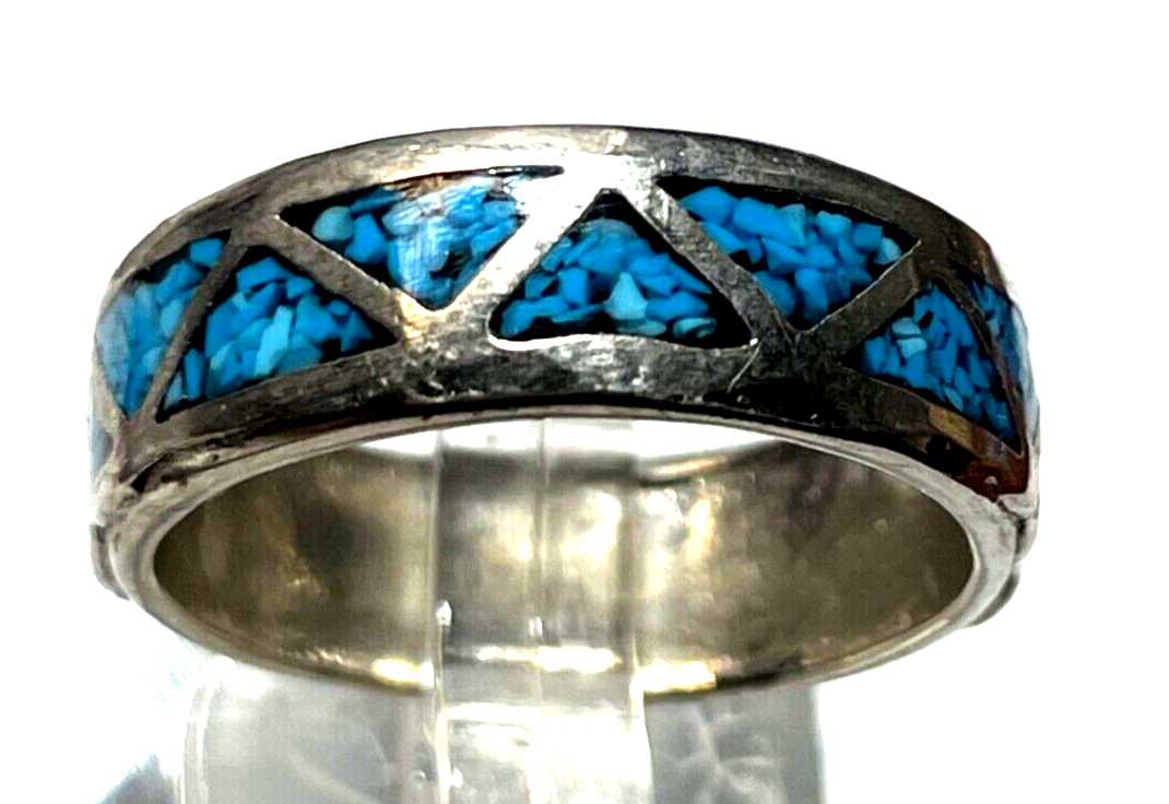 Aparter vintage unisex Bandring 925 Silber Ring mit Türkis Mosaik Ø 17,5mm RG 550