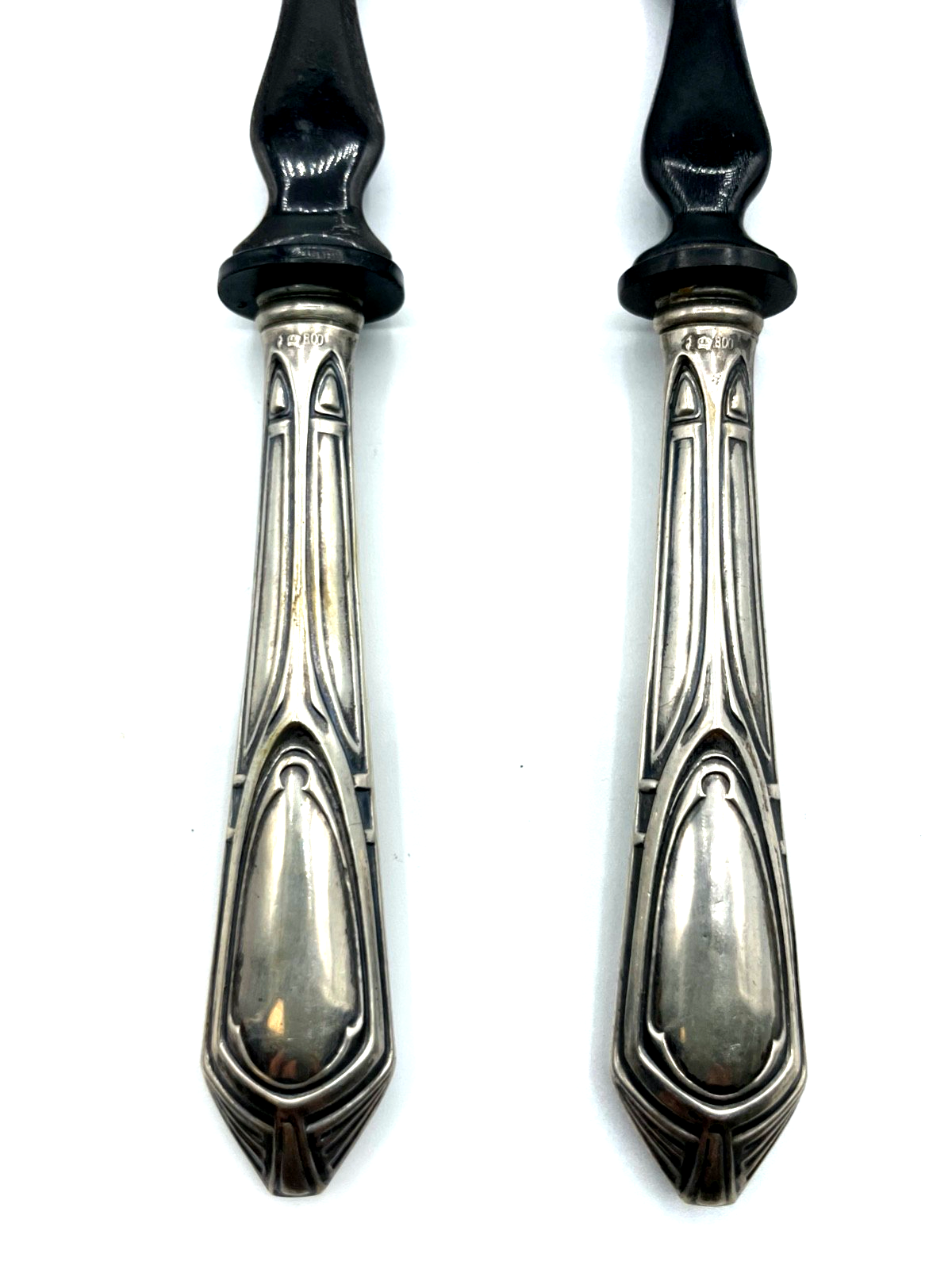 Antik Jugendstil Vorleger Salatbesteck 800 Silber + schwarzes Horn gepflegt2