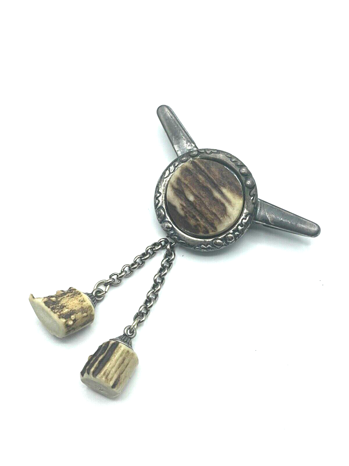 Vintage Modeschmuck Tracht Landhaus Kragenclip Kragenklammer Horn Einlage unisex3