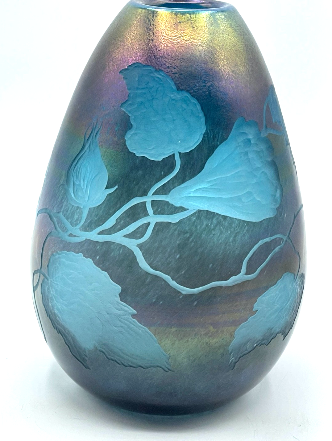 Attraktive Glaskunst Vase Schmid - Jacquet signiert irisierend + geätzte Blumen14