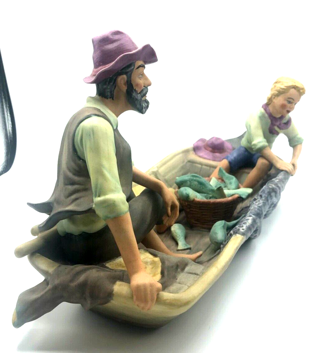 Stattliche Porzellan Figur Vater Sohn Fischer Boot Biskuit handbemalt L 39 cm3