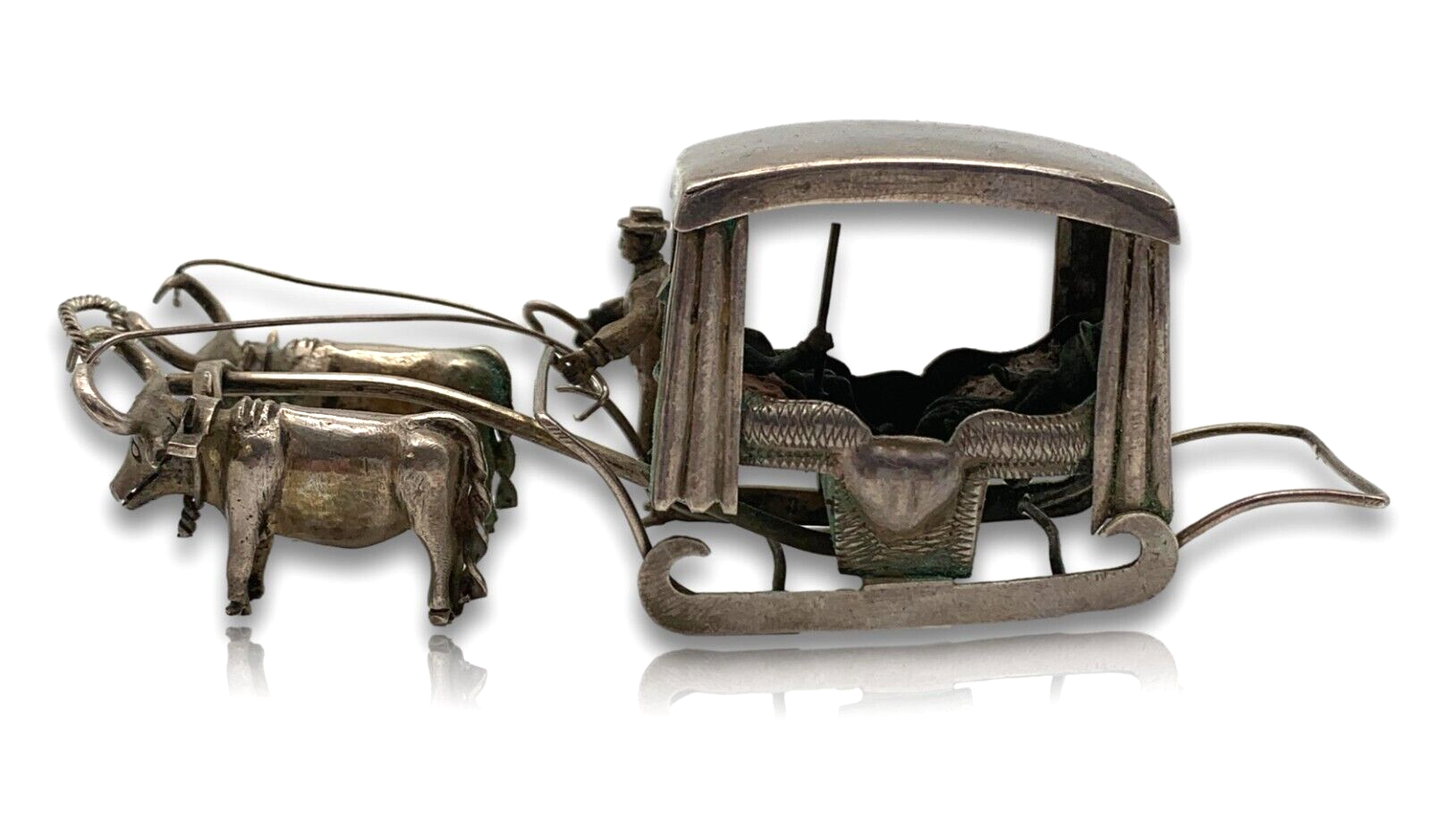 Miniatur Schlitten Stierkutsche Ochsen Schlittenfahrt Silber -  Niederlande 19001
