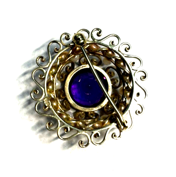 Edle 585 Gold 14 K Brosche mit 1 Amethyst + 6 kleine Orientperlen Juwelier gepfl6