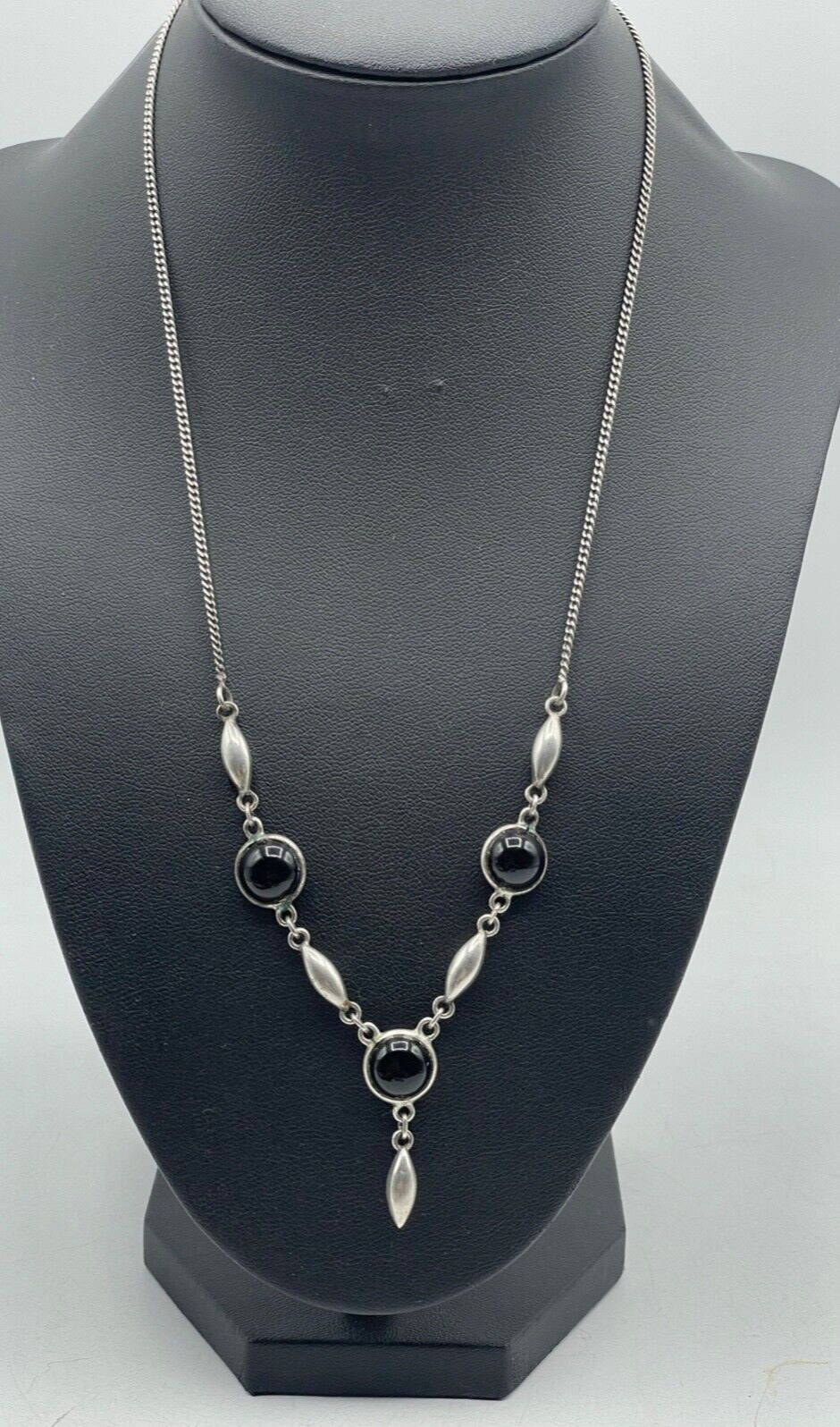 925 Sterling Silber Kette Collier mit 3x Onyx Cabochon Handarbeit sehr apart1