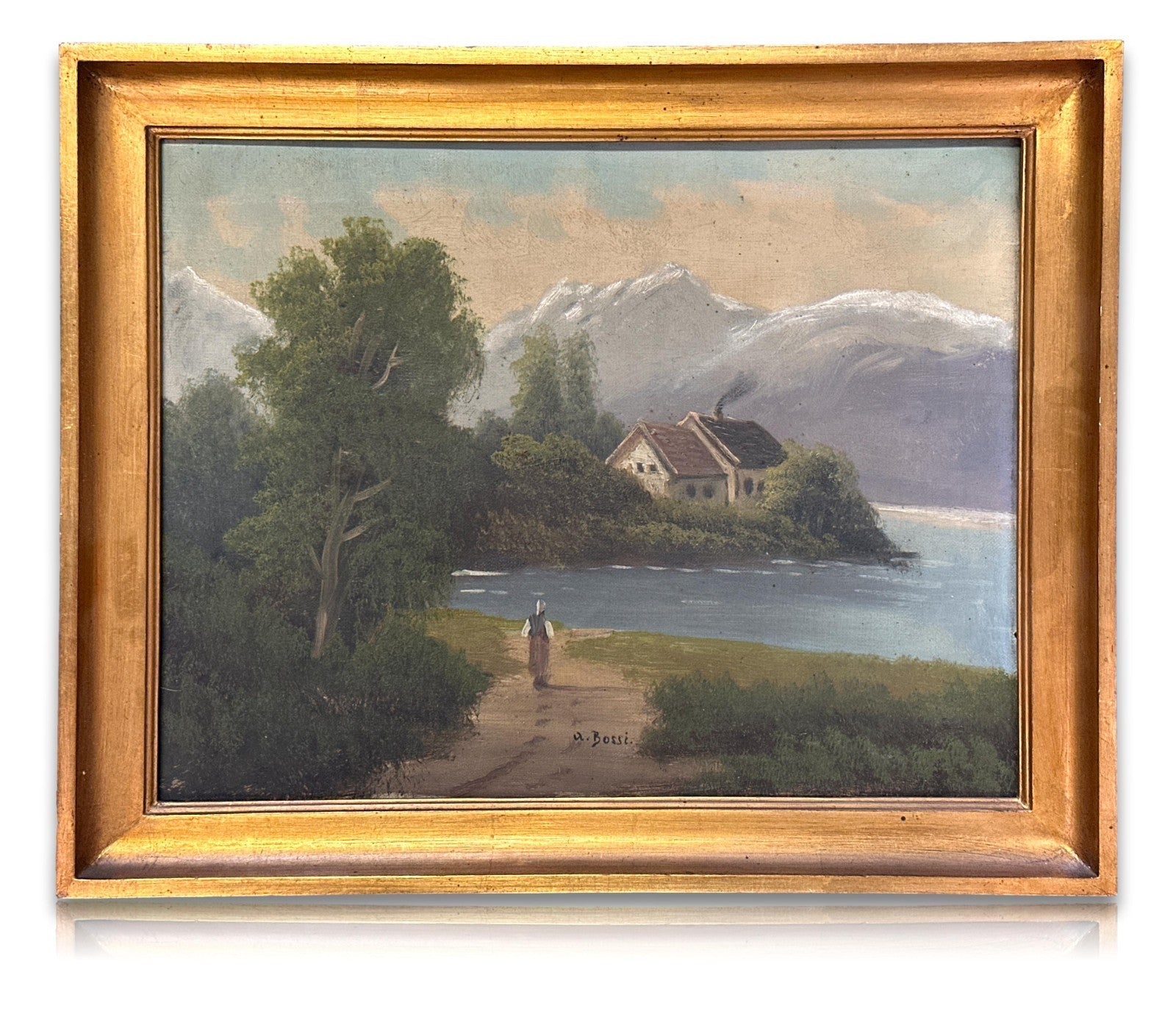 Alpenlandschaft um 1900 –  A. Bossi – Öl auf Leinwand – romantische Bergszene0