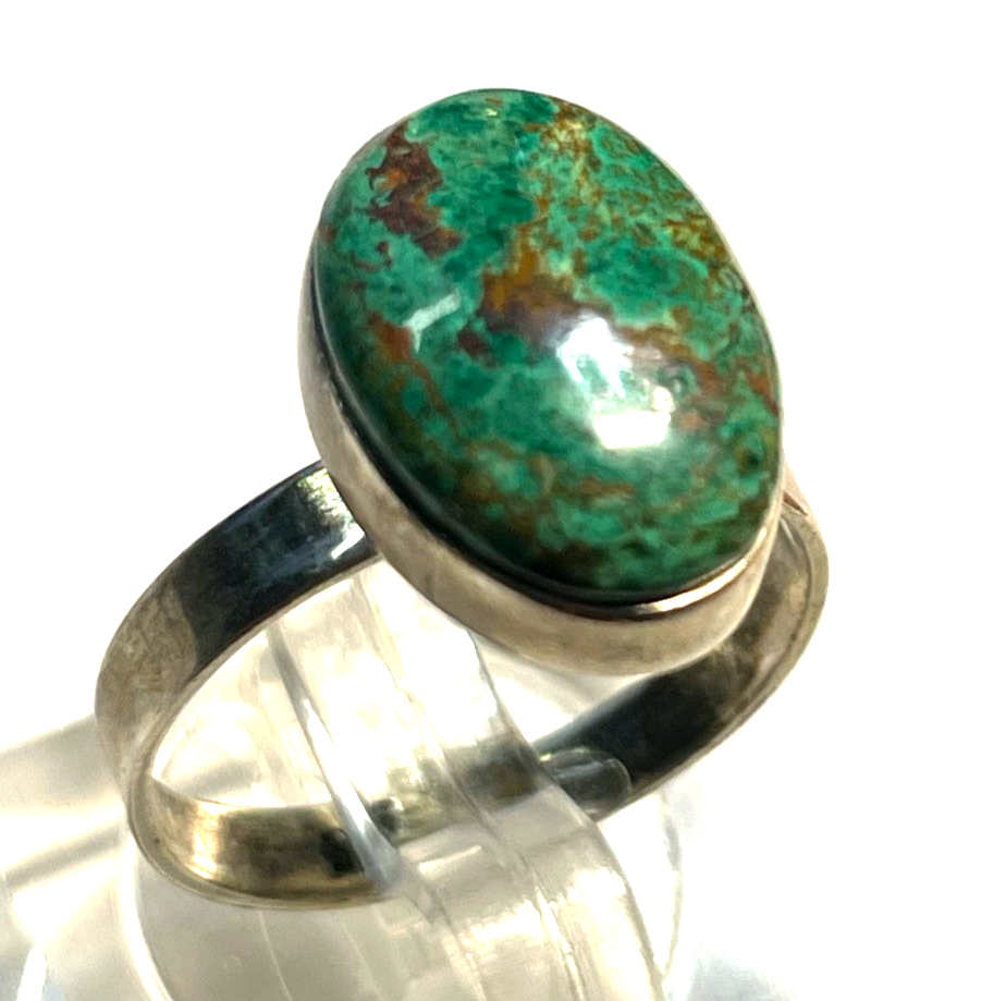 Solider 925 Silber Ring Chrysokoll Cabochon Besatz Handarbeit Ø 17 mm RG 54 Nr.10