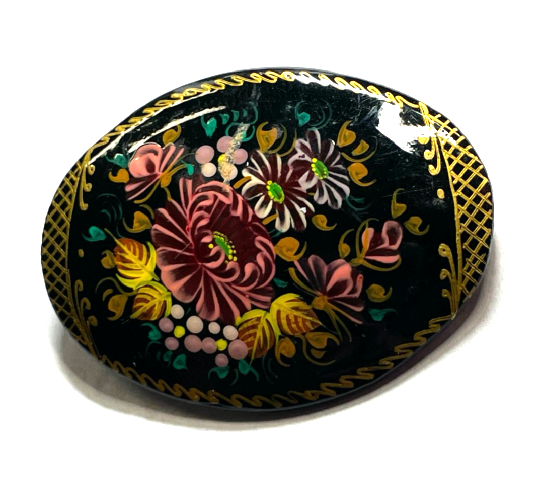 Antik Lack Brosche Blumen Bukett Motiv Handmalerei signiert 50 x 35 mm gepfl.3