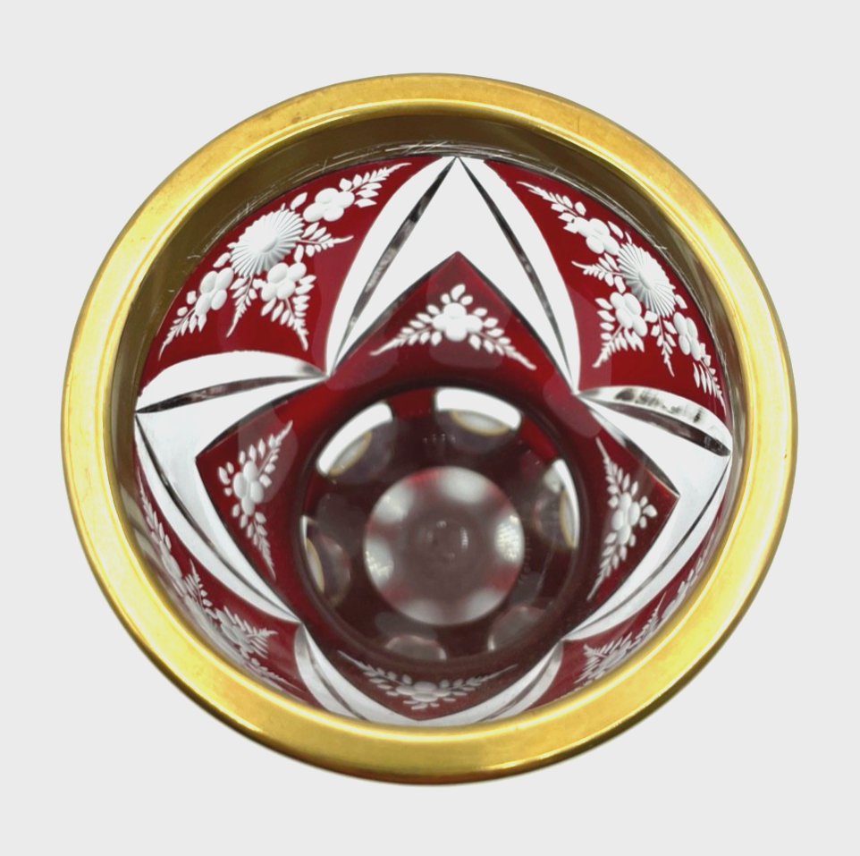 Vintage Böhmen Kristall Glas Ranftbecher Pokal floral Ätzdekor farbig Überfang1