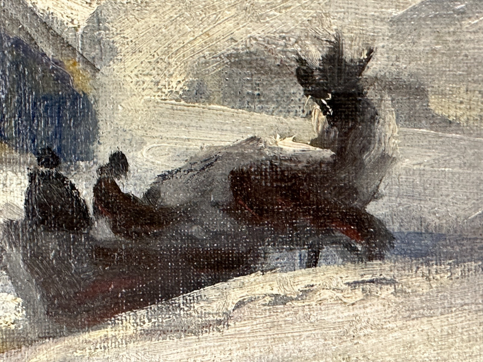 Winterliche Alpenlandschaft mit Gehöften und Schlitten – Öl auf Hartfaserplatte7