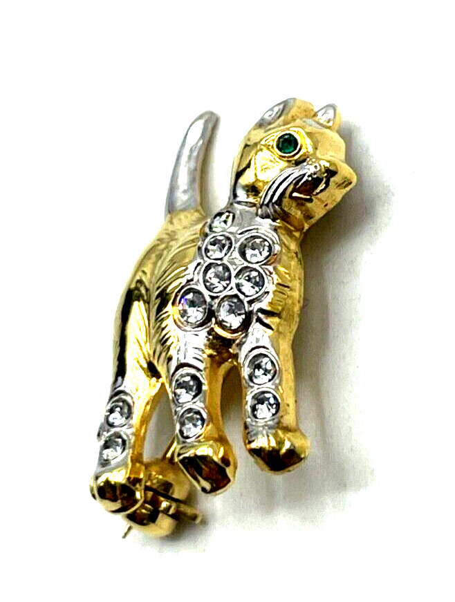Vintage Brosche Anstecknadel kleine Katze vergoldet mit Strass Besatz wie neu3