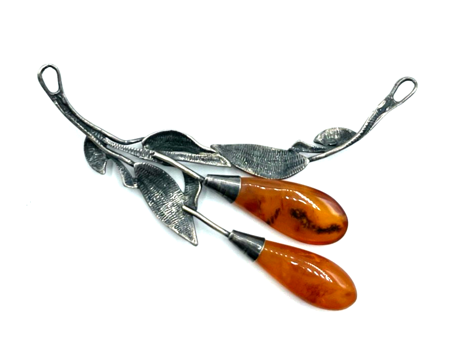 Vintage stattlicher Silber Design Anhänger mit Bernstein Tropfen Handarbeit1