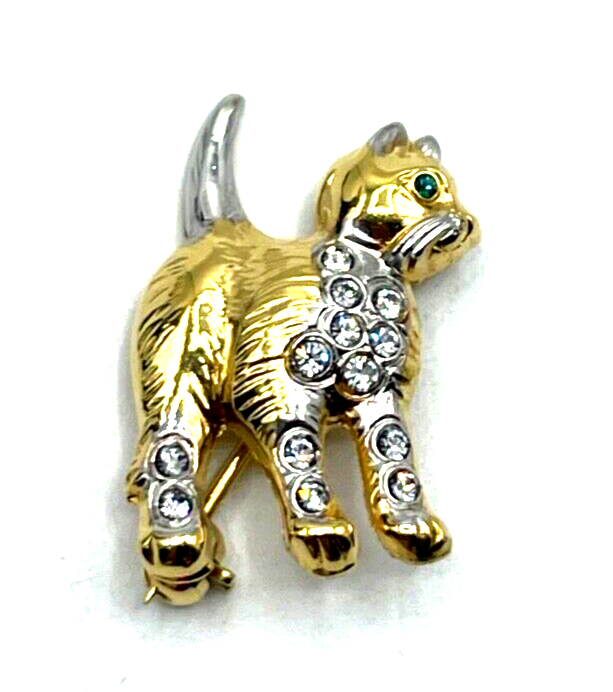 Vintage Brosche Anstecknadel kleine Katze vergoldet mit Strass Besatz wie neu0
