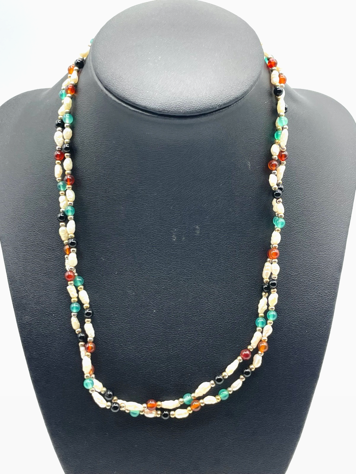 Gemischte Edelstein Kette 925 Silber Elemente + Biwa Perlen L 92 cm lang gepfl.0