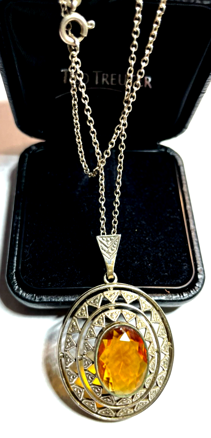 Antik 835 Silber Kette mit großer Anhänger Citrin cognac farbig 20er J gepflegt0