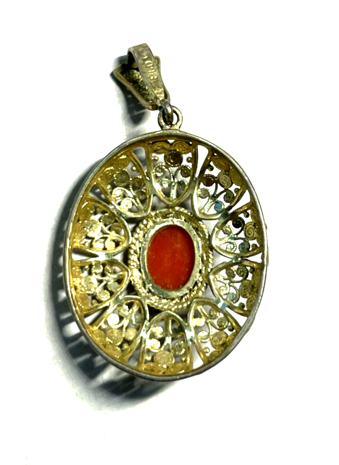 Antik edler 800 Silber Jugendstil  Filigransilber Anhänger + Koralle Handarbeit4