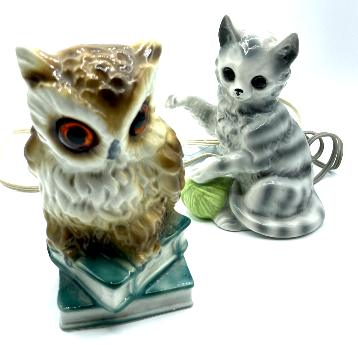 2 alte funktionierende Porzellan Rauchverzehrer Uhu Eule + Katze Duftlampe2