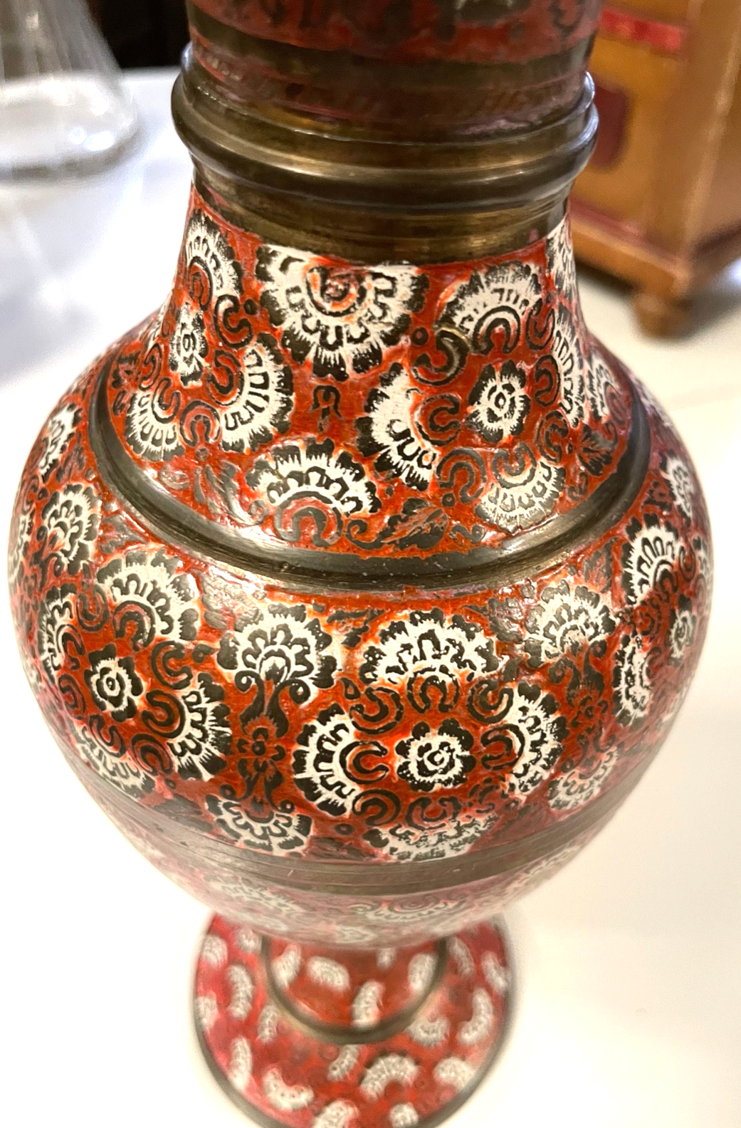 Alte Handarbeit persische Vase Messing handbemalt H 31 cm Dachbodenfund2