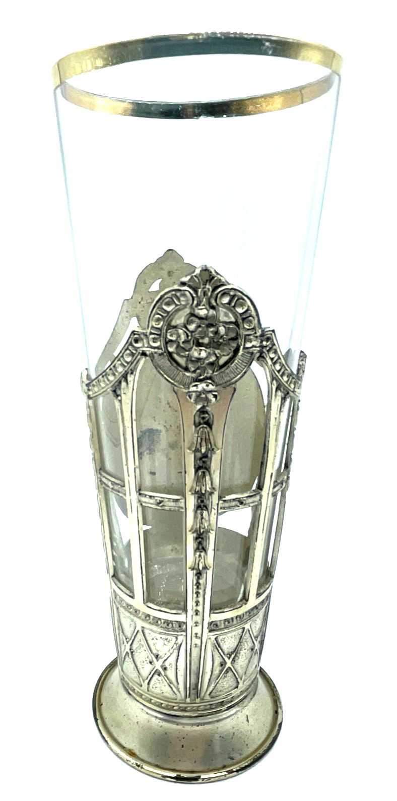 Antik Jugendstil Glas in versilberter Metall Montur mit Flötistin + Putte Engel3