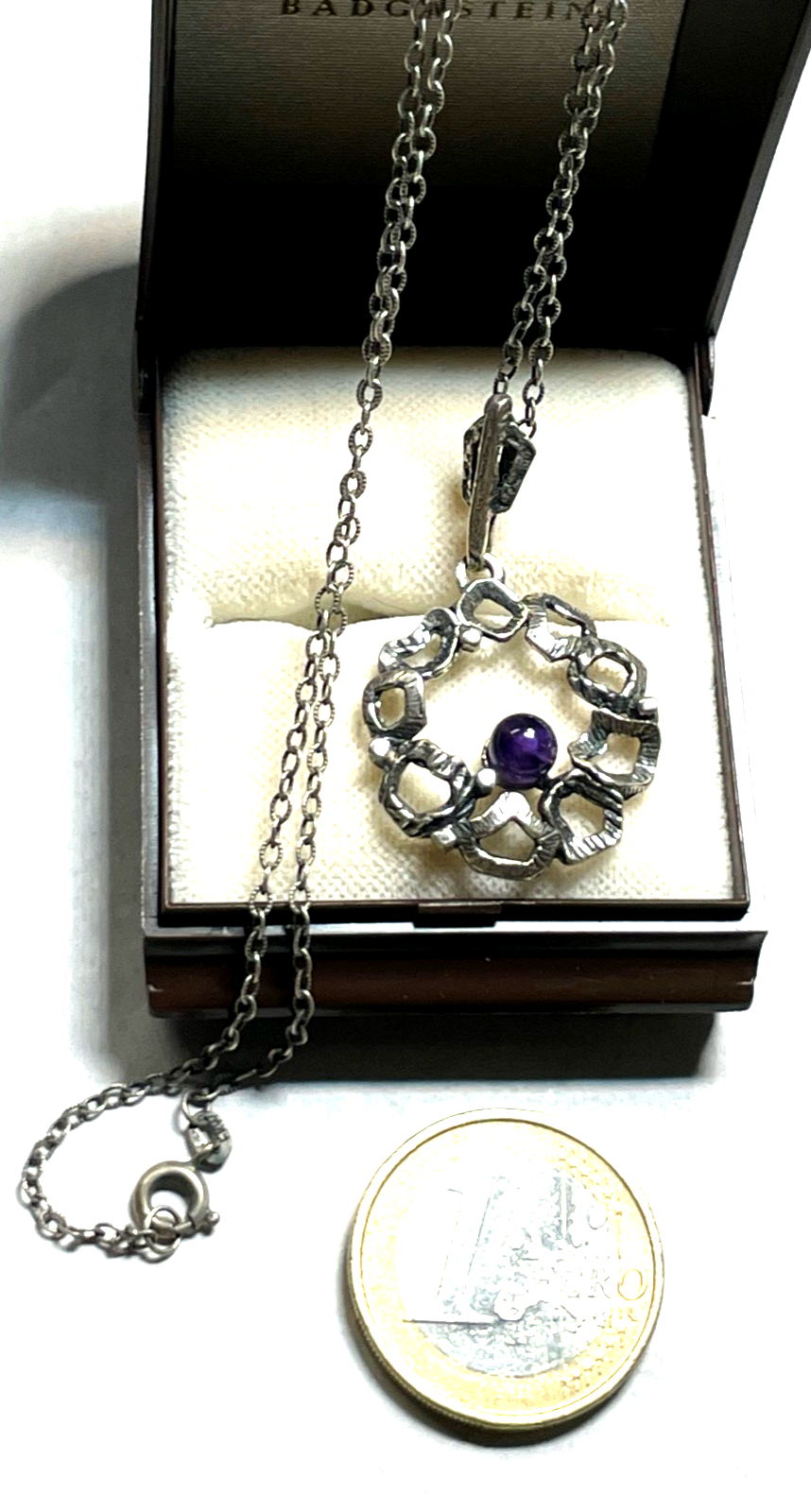Vintage TEKA Design 835 Silber Kette + Anhänger 70er J Amethyst Brutalist gepfl.3