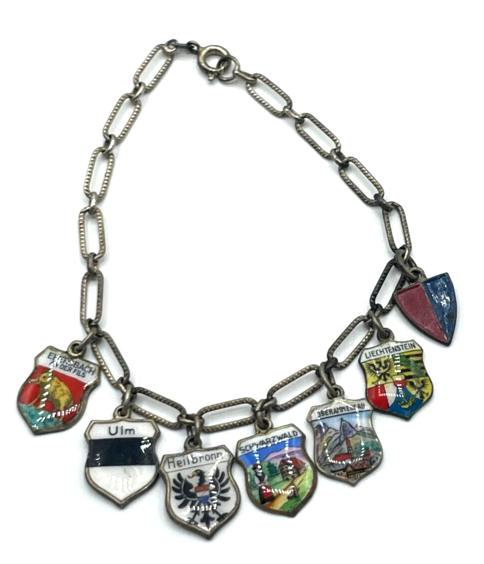Vintage Silber Bettelarmband Stadtwappen 7 Reiseandenken Emaille erweiterbar0