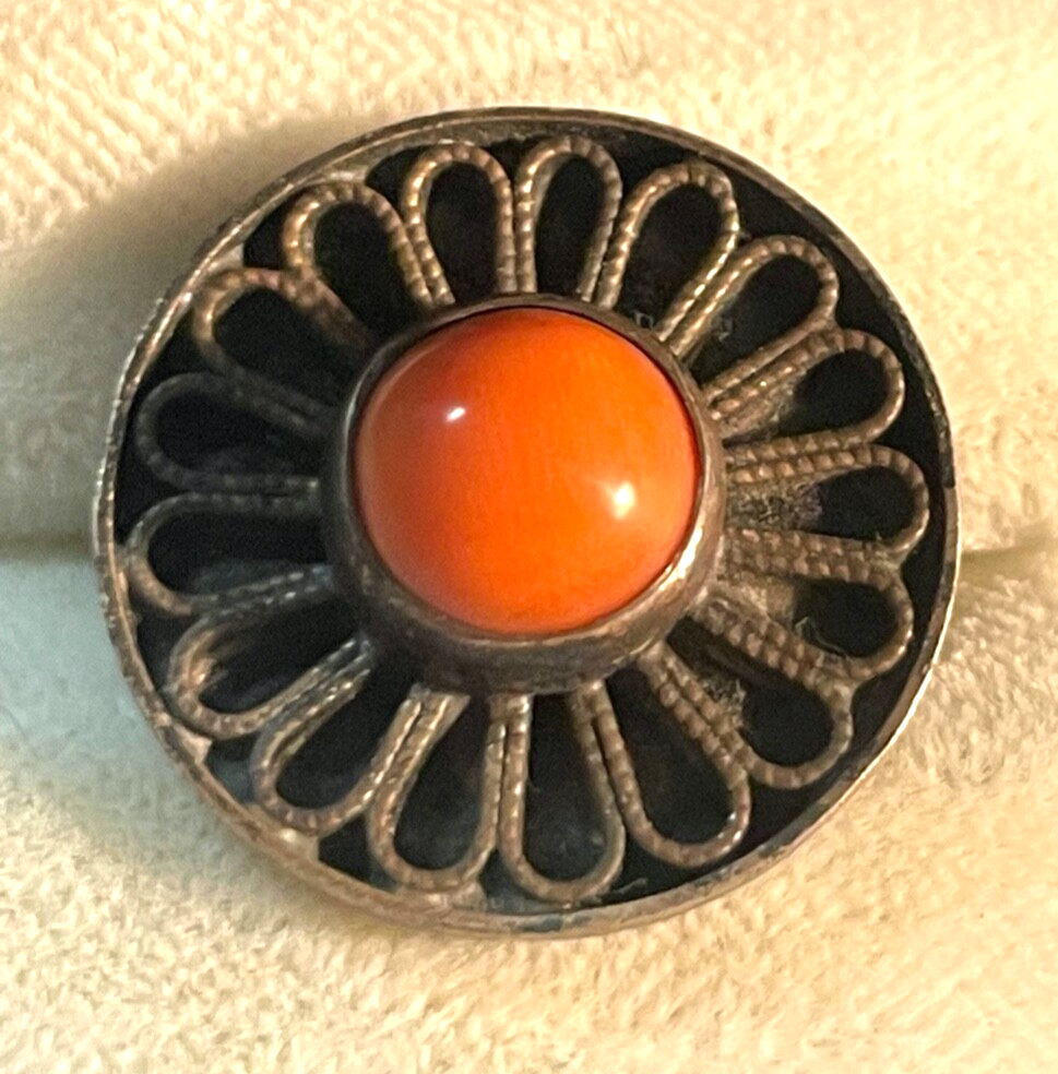 Antik 835 Silber Brosche Anstecknadel Koralle solide Handarbeit Ø 20 mm 30er J0