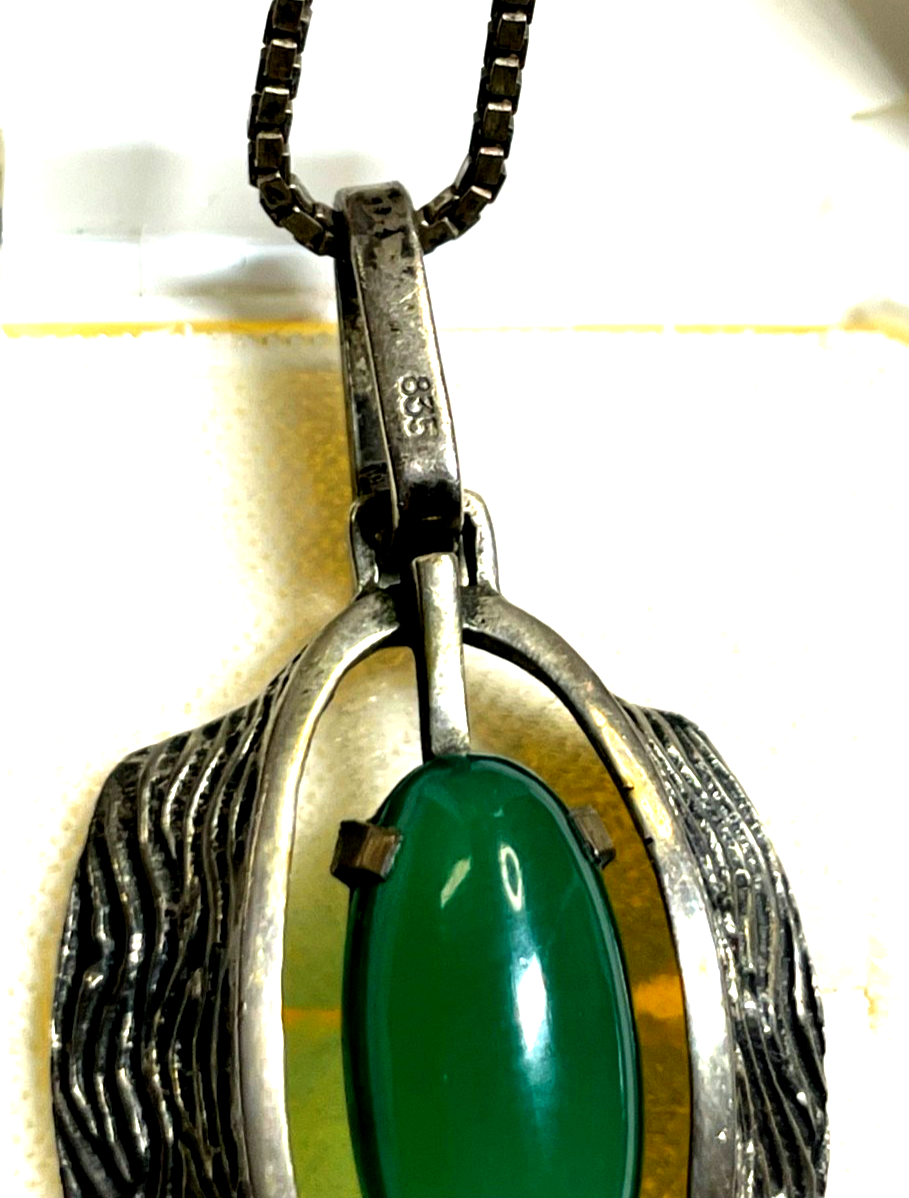 Vintage 70erJ Design 925 Silber Kette + 835 Anhänger Chrysopras Brutalist gepfl.3