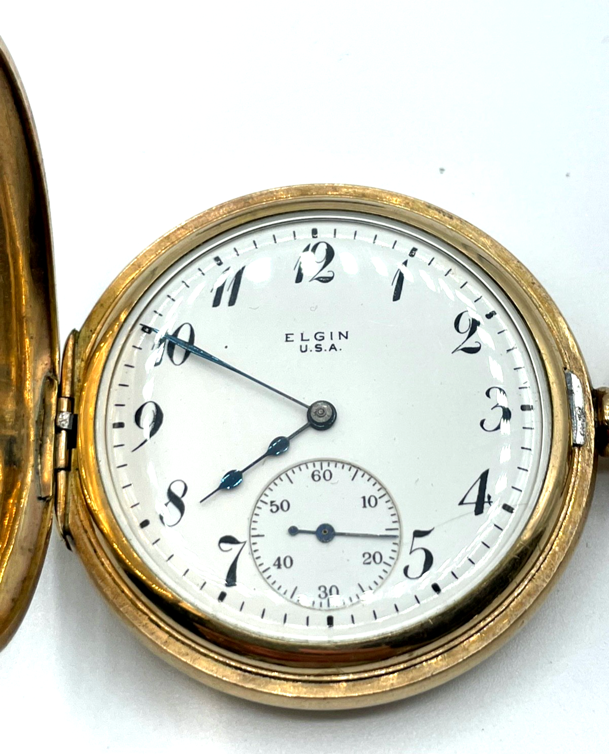 Antik HTU Herren Taschenuhr Elgin USA Golddouble + Glassturz TU Ständer läuft7