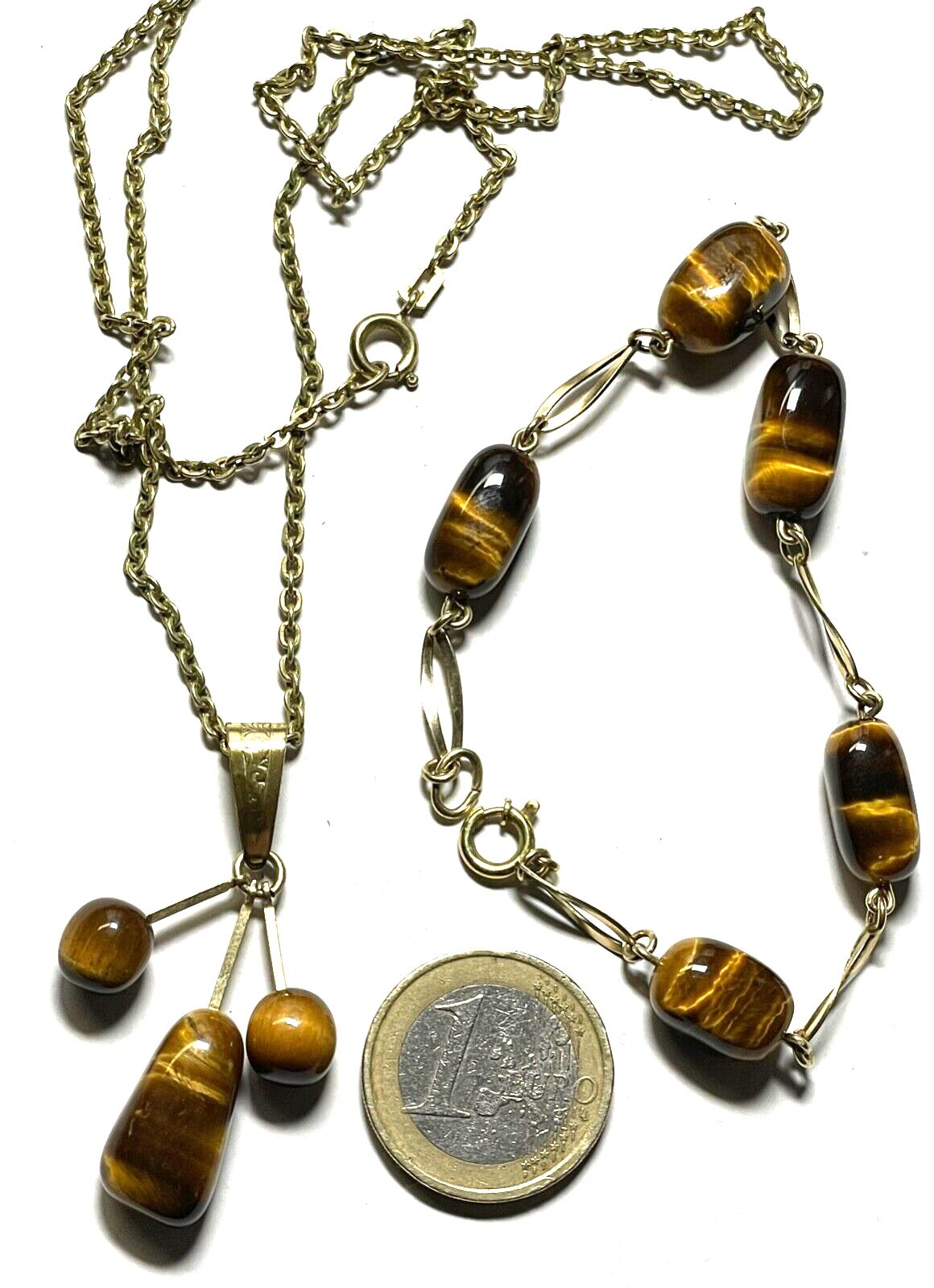 Vintage Amerikaner Gold Double Kette Anhänger Armband mit Tigerauge schönes Set4