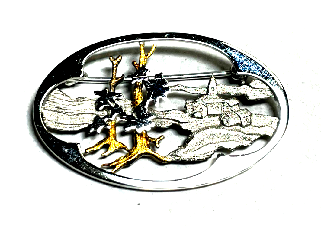 835 Silber Brosche elegant Design rhodiniert teilvergoldet Landscape Durchbruch0