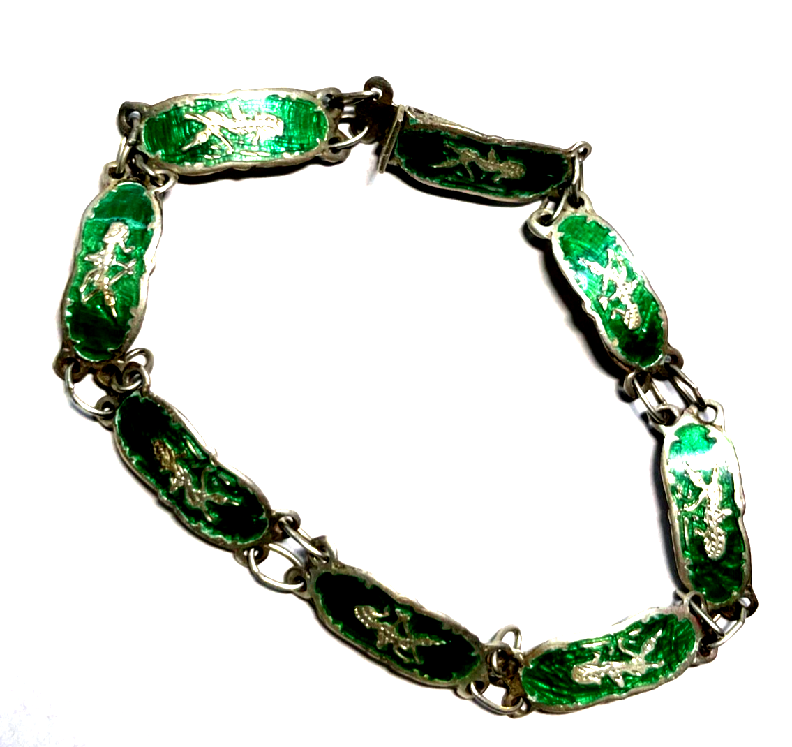 Vintage Siam Sterling Armband grüne Emaille Technik feines Dekor gepfl. L 17,5cm0