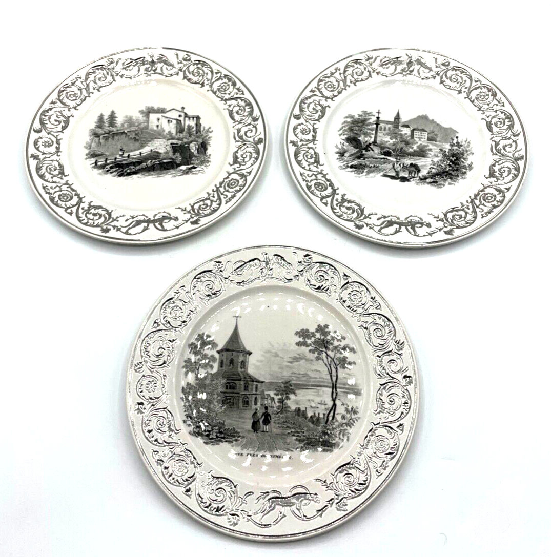 * Antik 3 Keramik Teller Landschaft Szenerie vor 1900 Silber Rand Dekor Ø 18,2cm0