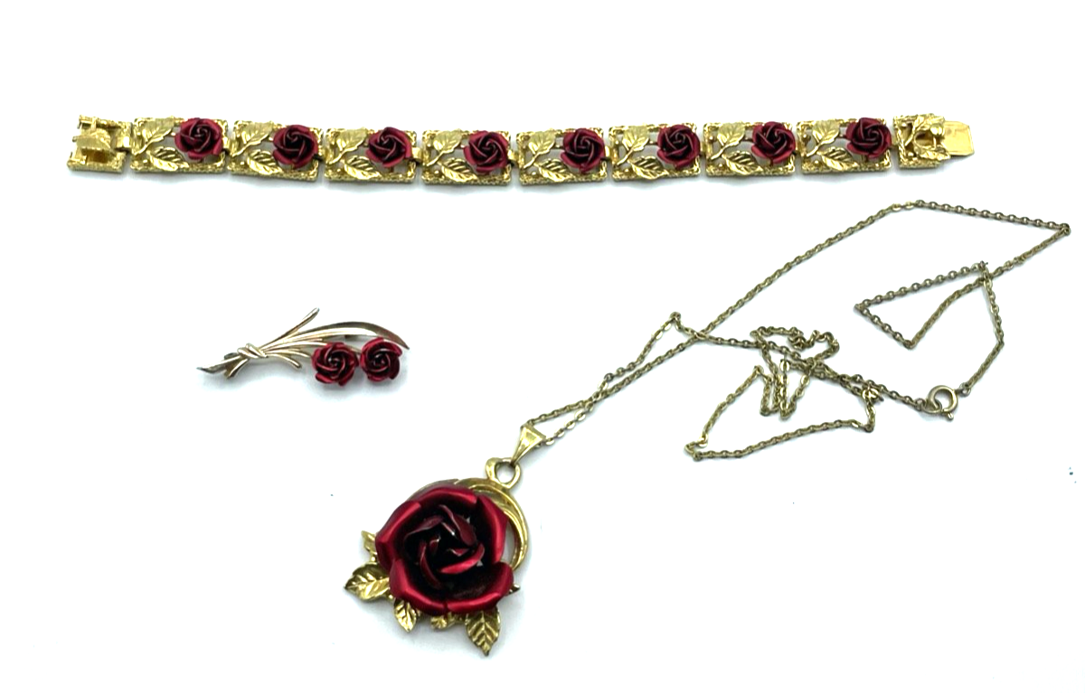 70erJ Original Modeschmuck vergoldet plastische rote Rosen Set 3 tlg Nostalgie0