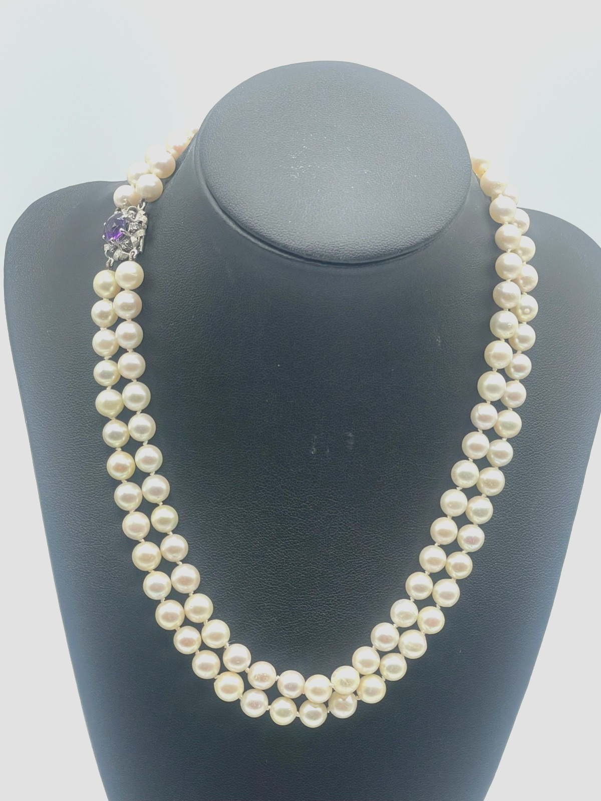 Bicolor 585 Gold Brillanten + Amethyst an 2 reihiger Akoya Perlenkette Ø 7 mm5