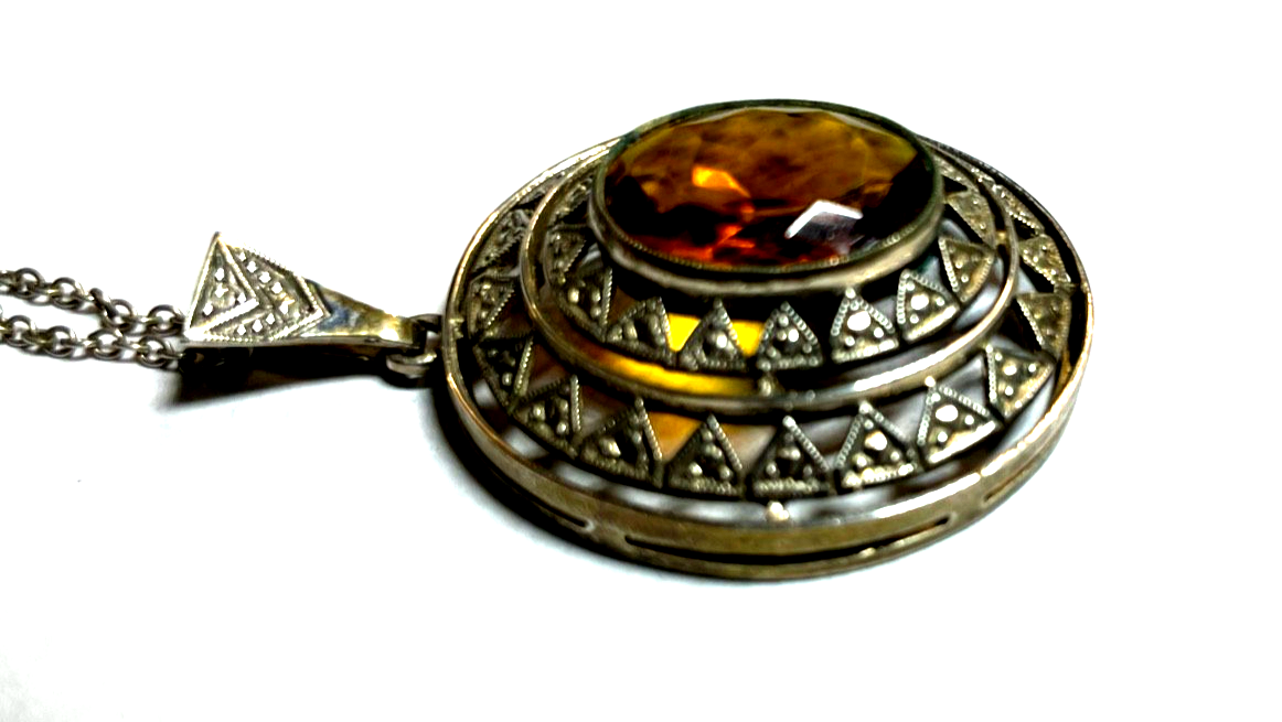 Antik 835 Silber Kette mit großer Anhänger Citrin cognac farbig 20er J gepflegt1