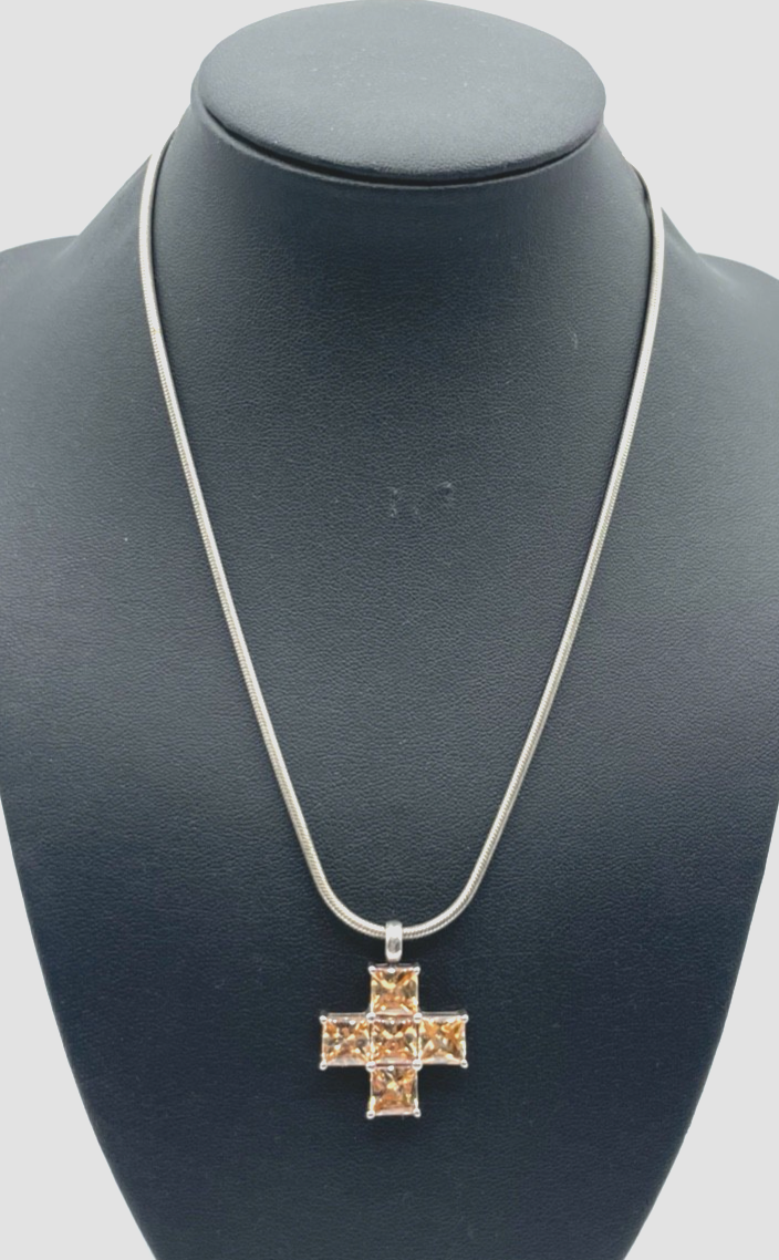 925 Silber Kette Schlangenkette 42 cm mit Kreuz Anhänger Cognac o. Citrin farbig0