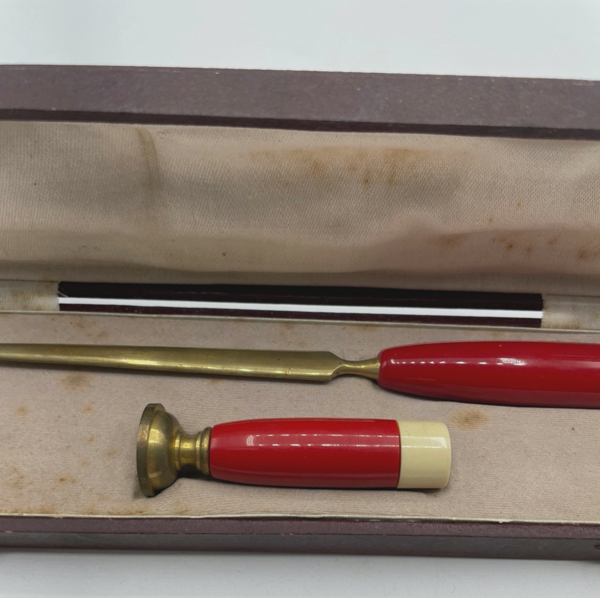 Antik bunt Bakelit Petschaft Brieföffner im orig. Etui um 1900 1910 ohne Gravur1