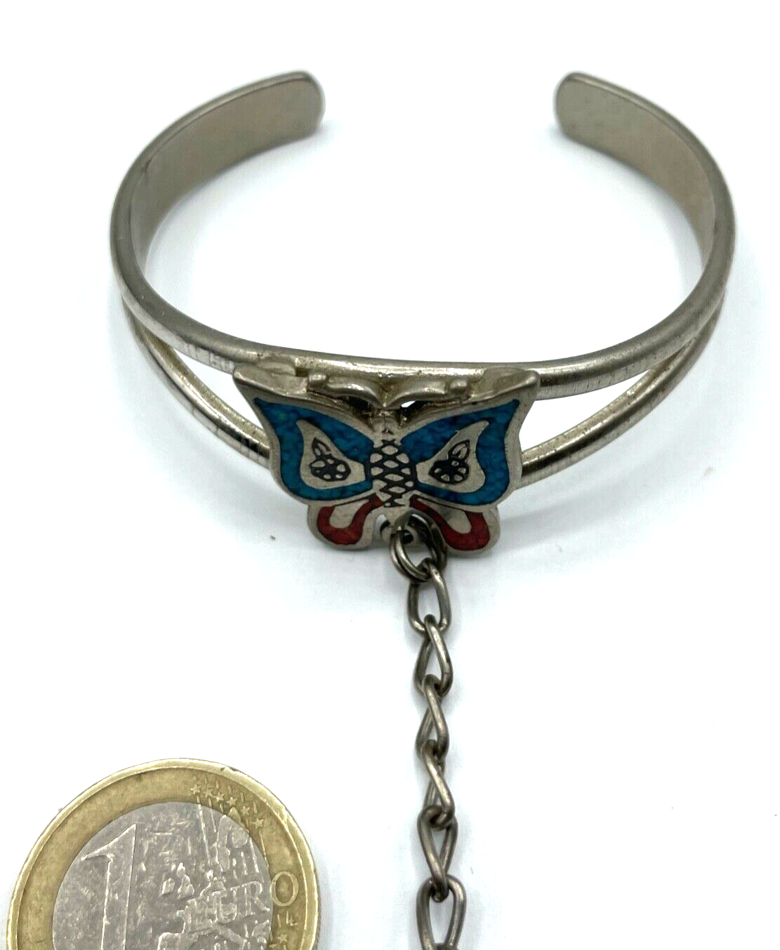 Real vintage 80er Jahre Sklavenarmband Türkis + Koralle Schmetterling Edelstahl6