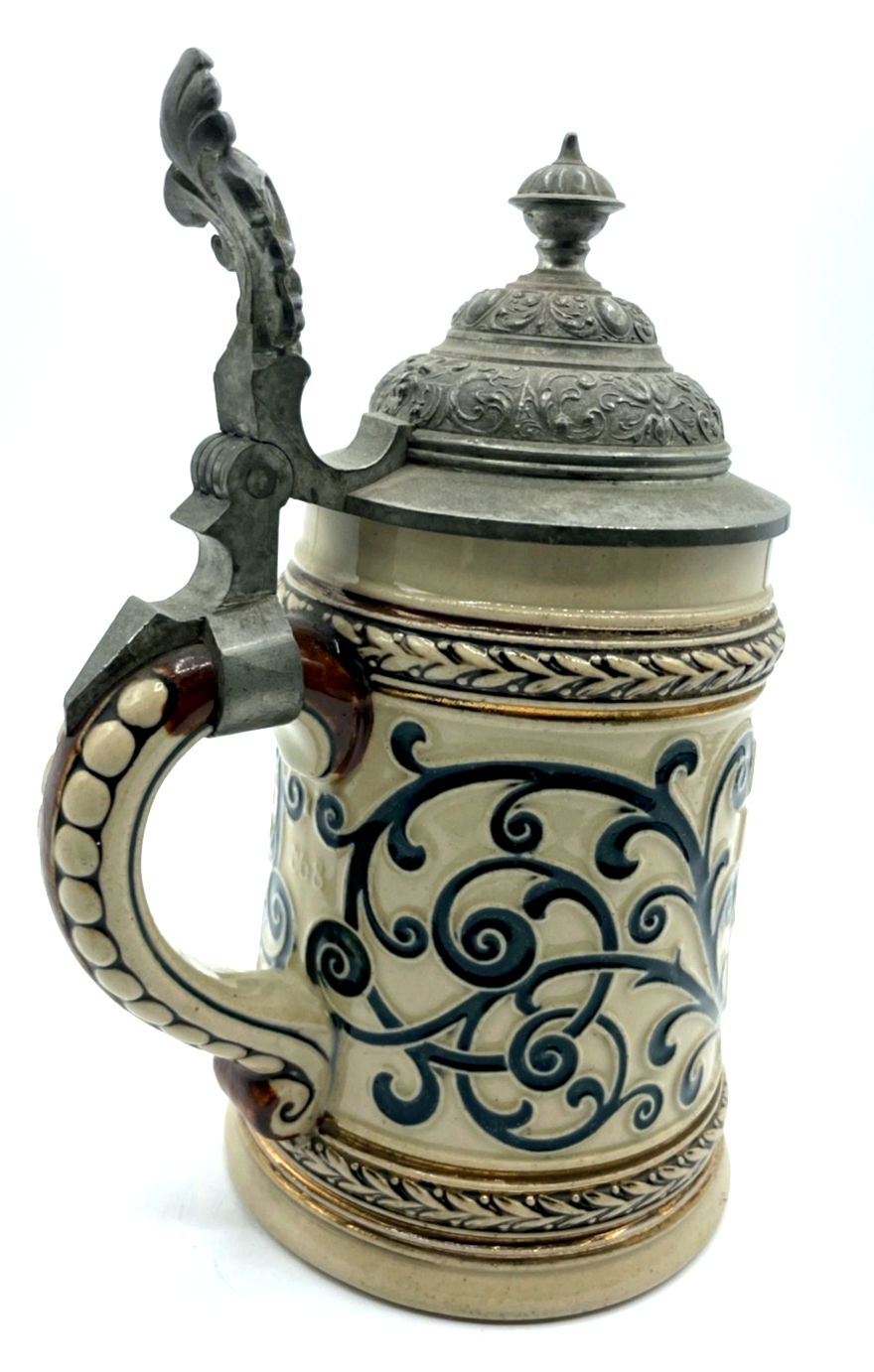 Antik Steinzeug Bierkrug mit Zinn Deckel Bier Seidel vor 1900 Trinkspruch 1/2 L2