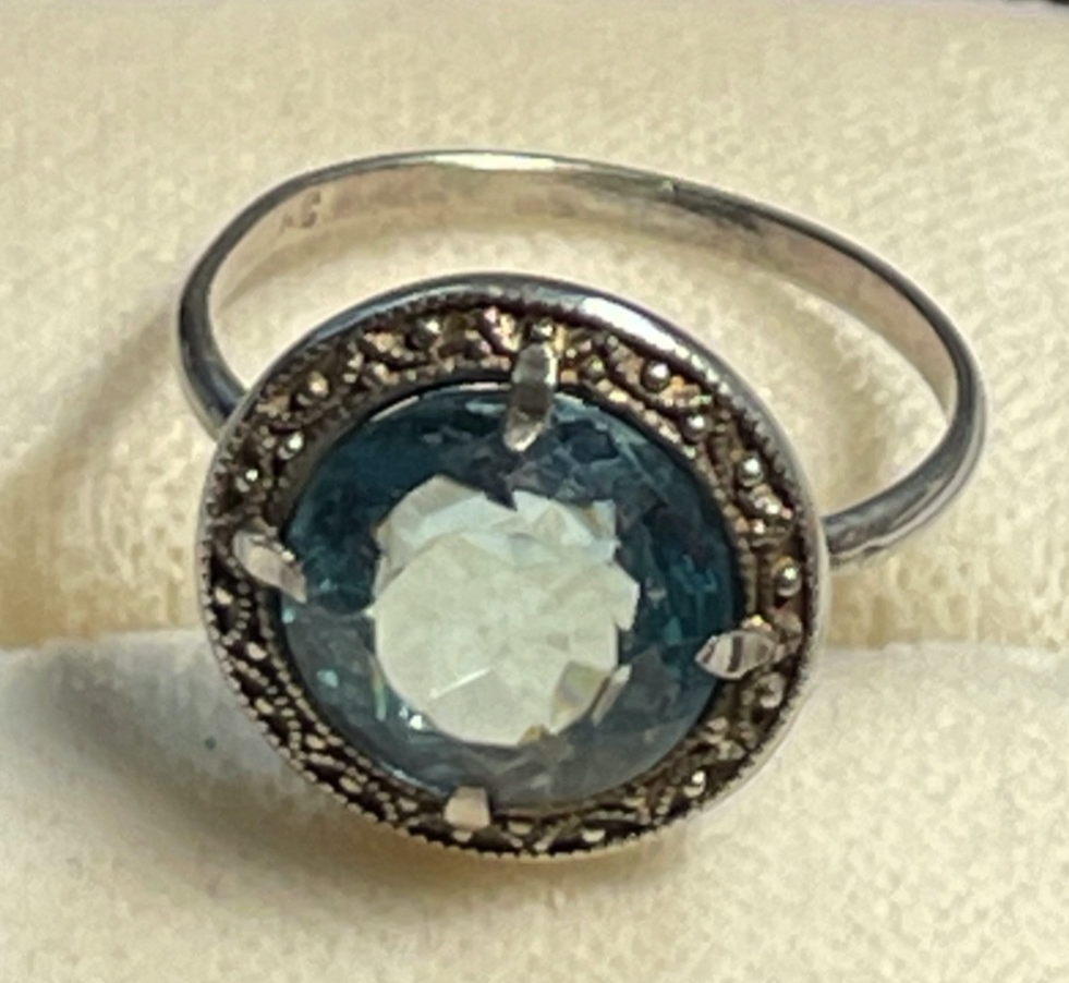 Antik 830 Silber Ring aquamarin farbig wasserblau Spinell 30erJ RG 53 Ø 16,8 mm7