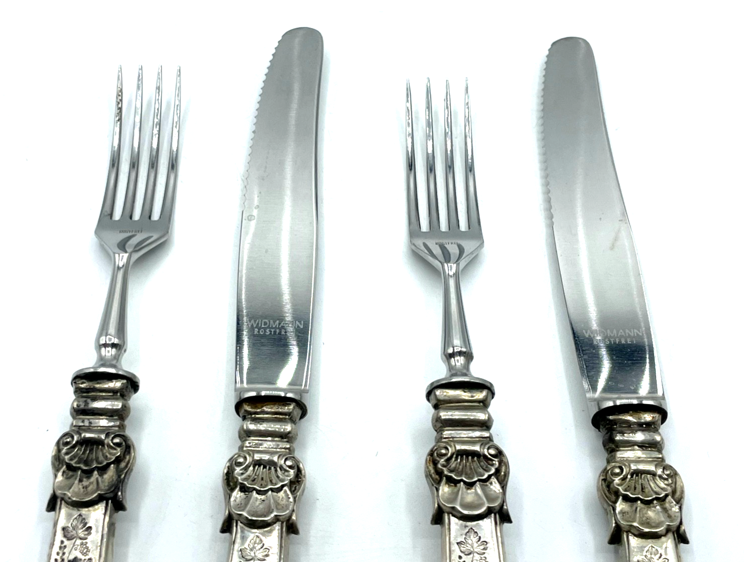 Antik 2 Gabel + 2 Messer mit Silber Griff wunderschönes Renaissance Dekor gepfl.3
