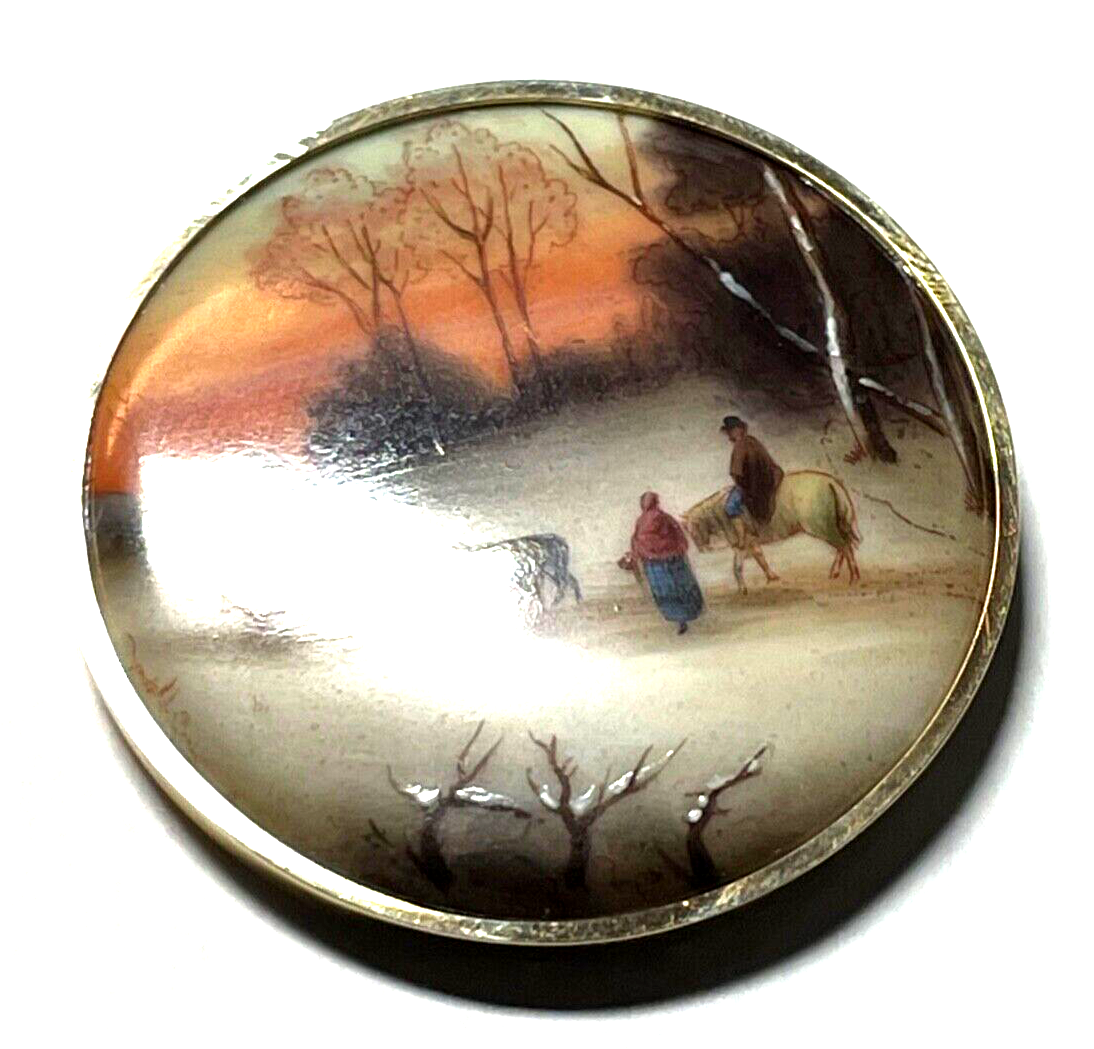 585 Gold 14 K Gelbgold gr. Anhänger / Brosche Porzellan Lupenmalerei  Ø 52 mm4