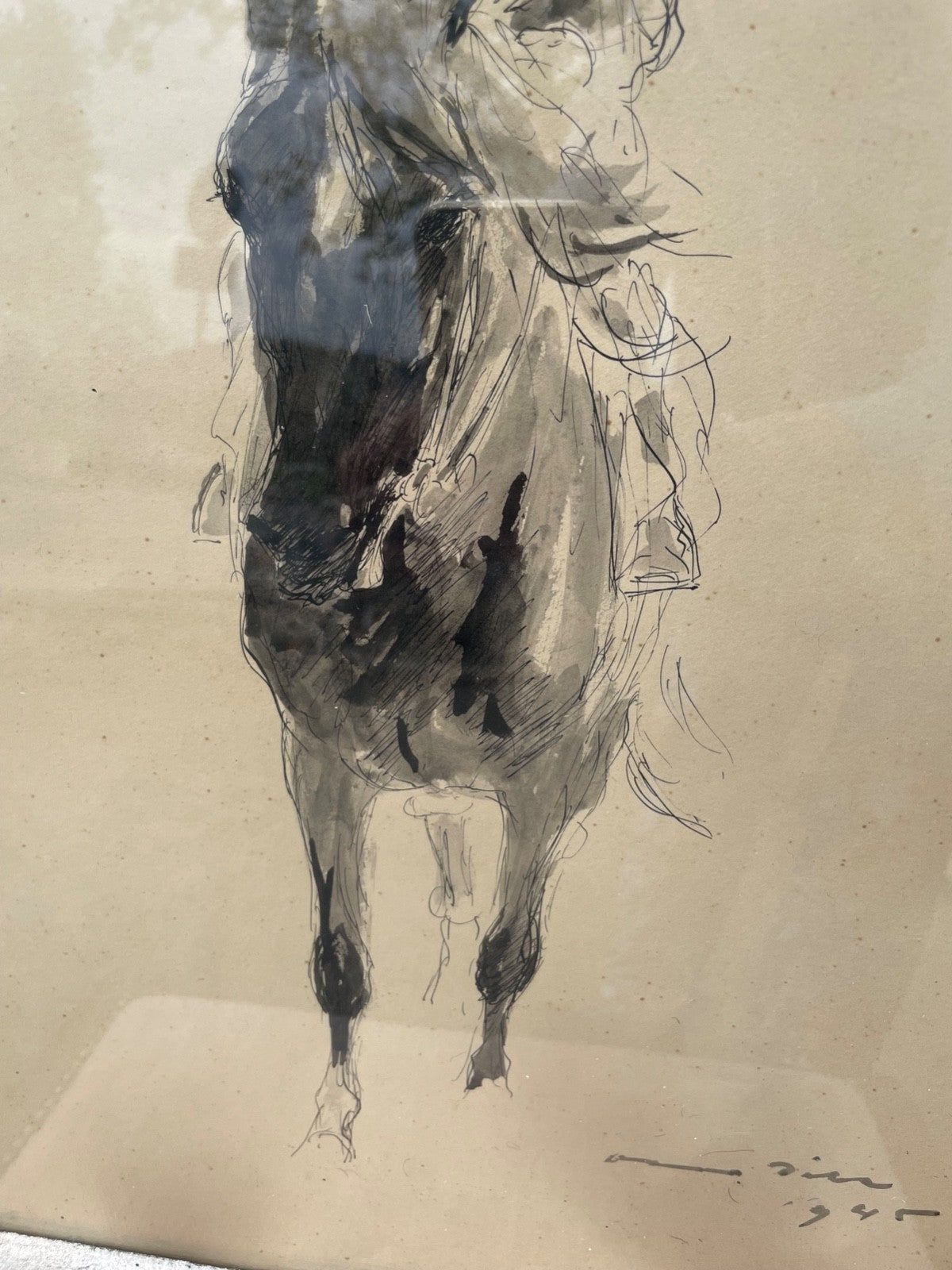 Otto Dill lavierte Tusche Zeichnung Pferd mit Jockey 1945 gerahmt  49 x 34,5 cm3