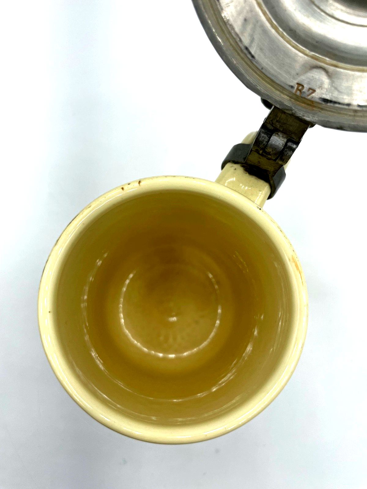Antik Porzellan Bierkrug mit Zinn Deckel Bier Seidel um 1900 Gruß aus Haiterbach5