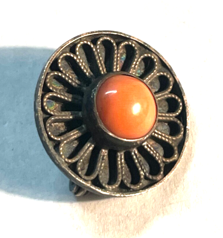 Antik 835 Silber Brosche Anstecknadel Koralle solide Handarbeit Ø 20 mm 30er J5