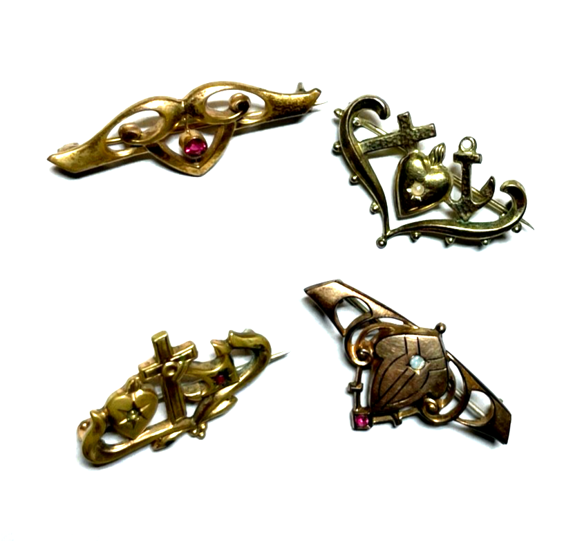 Antik 4 x Jugendstil Brosche Konvolut  Golddouble mit Farbsteinen gepflegt2