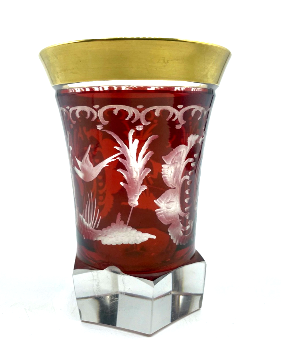 Antik Pokal Überfang Glas Becher Ranftbecher geätzte Motive + Gold Dekor gepfl.1
